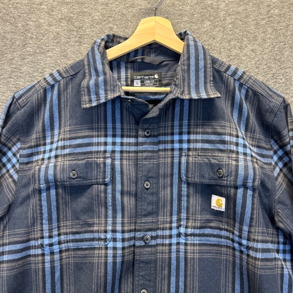 Carhartt Mens Loose Fit Plaid Flannel Shirt Blue Grey TW4451-M Size Large